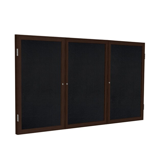 Enclosed Bulletin Board, 3 Door, Rcycl, Walnut Frame, 3 ft H x 6 ft W, Black